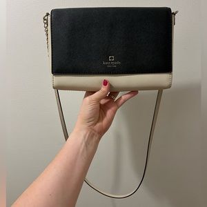 Kate Spade bag, black and cream with gold details, crossbody/over the shoulder
